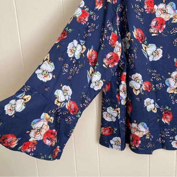 SHEIN Emery Rose Plus Navy Blue Floral Print Flounce Sleeve Long Sleeve Blouse - Picture 2 of 11